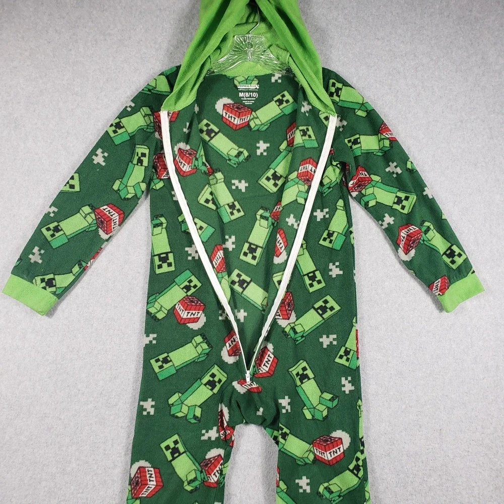 Minecraft Boys Pajamas Creeper TNT Hooded‎ One Piece Sleeper M 8/10 Green Fleece
